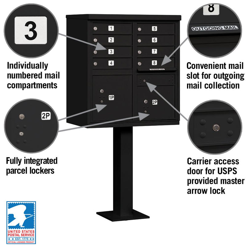 8 Door High Security USPS Cluster Mailbox CBU with 2 Parcel Lockers, Pedestal Included