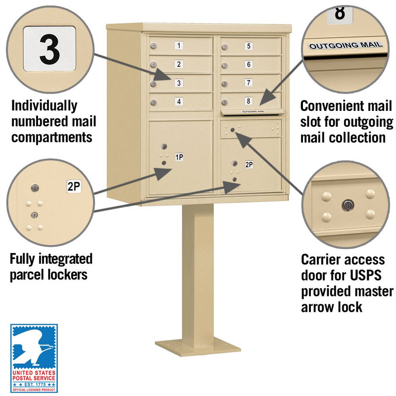 8 Door High Security USPS Cluster Mailbox CBU with 2 Parcel Lockers, Pedestal Included