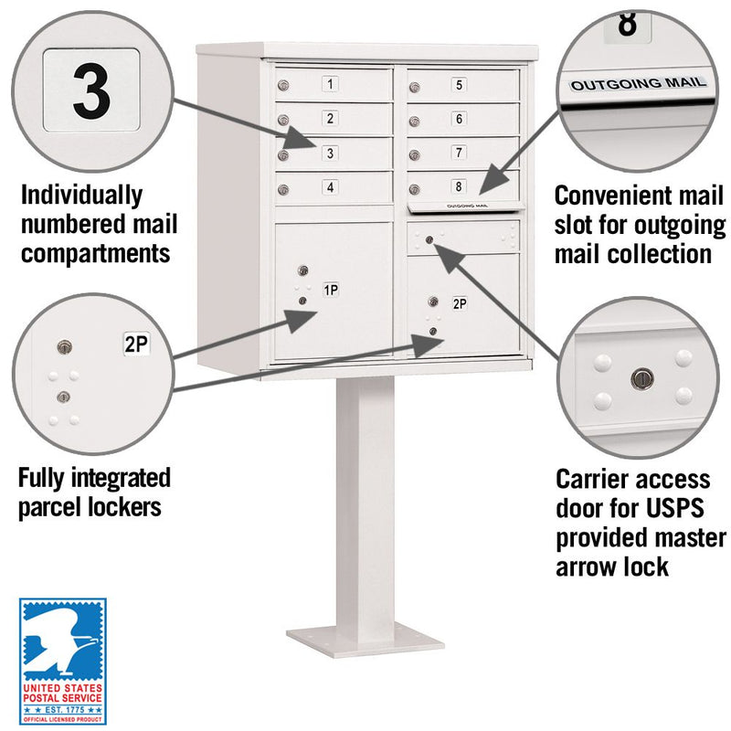8 Door High Security USPS Cluster Mailbox CBU with 2 Parcel Lockers, Pedestal Included
