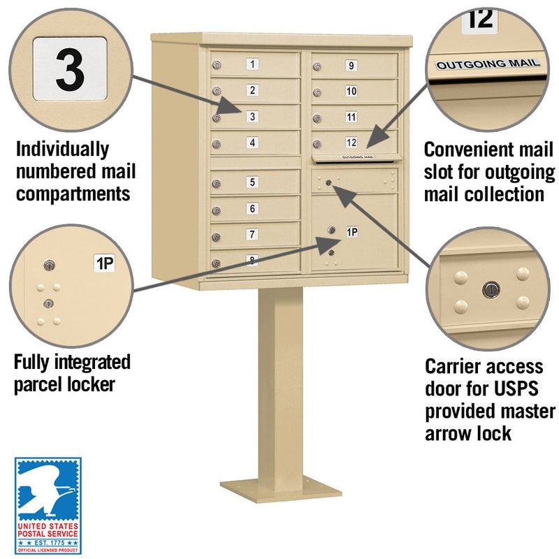 12 Door High Security USPS Cluster Mailbox CBU with 1 Parcel Locker, Pedestal Included