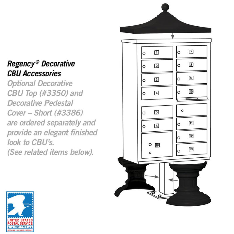 13 Door High Security USPS Cluster Mailbox CBU with 1 Parcel Locker, Pedestal Included