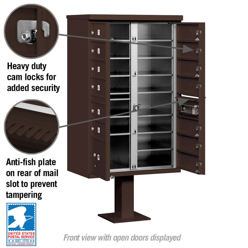 12 Door High Security USPS Cluster Mailbox CBU with 1 Parcel Locker, Pedestal Included