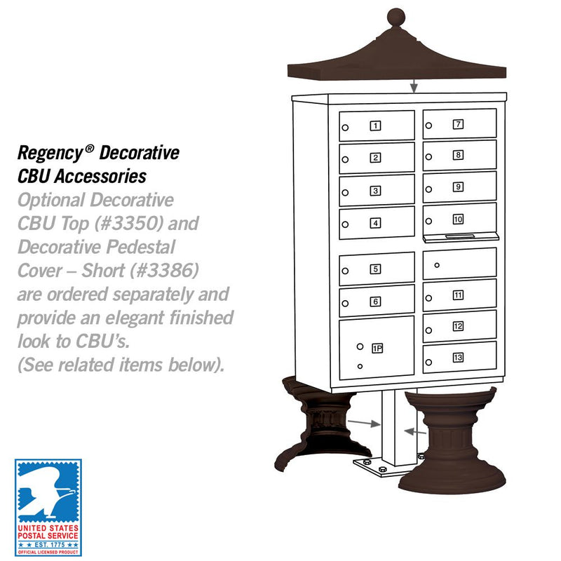 13 Door High Security USPS Cluster Mailbox CBU with 1 Parcel Locker, Pedestal Included