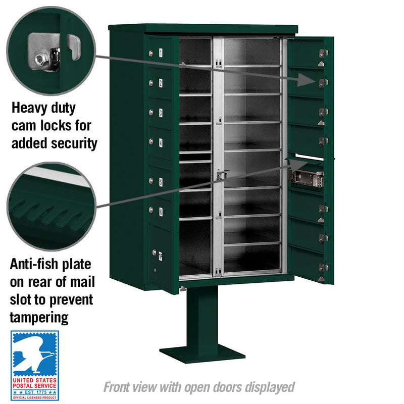 13 Door High Security USPS Cluster Mailbox CBU with 1 Parcel Locker, Pedestal Included