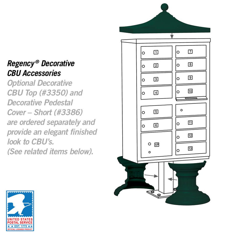 13 Door High Security USPS Cluster Mailbox CBU with 1 Parcel Locker, Pedestal Included