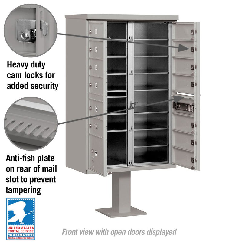 13 Door High Security USPS Cluster Mailbox CBU with 1 Parcel Locker, Pedestal Included