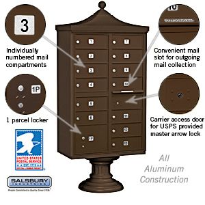 Salsbury Regency Decorative Cluster Box Unit with 13 Doors and 1 Parcel Locker with USPS Access – Type IV