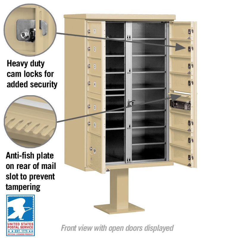 13 Door High Security USPS Cluster Mailbox CBU with 1 Parcel Locker, Pedestal Included