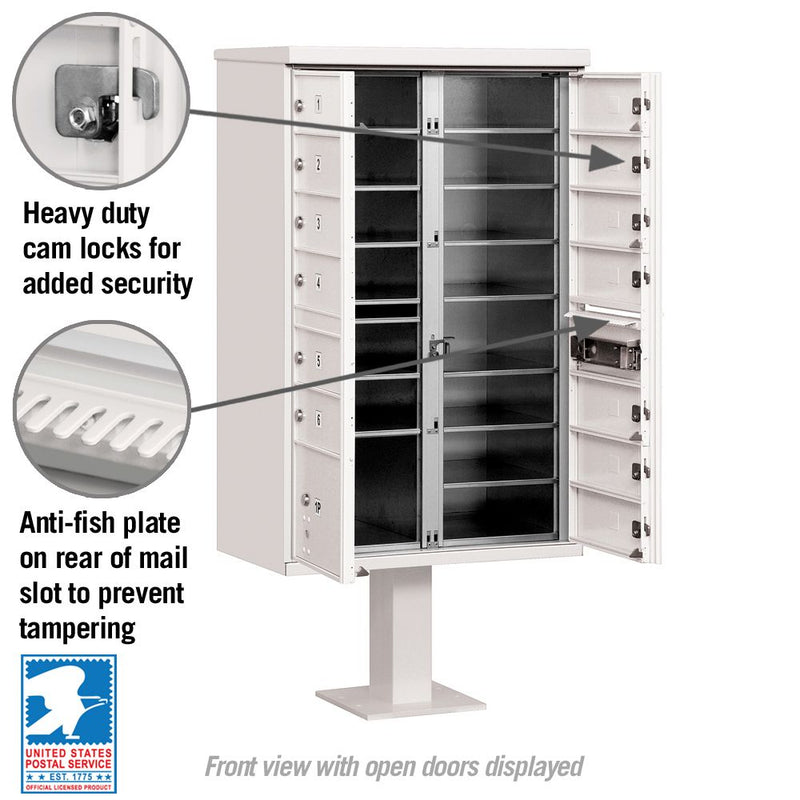13 Door High Security USPS Cluster Mailbox CBU with 1 Parcel Locker, Pedestal Included