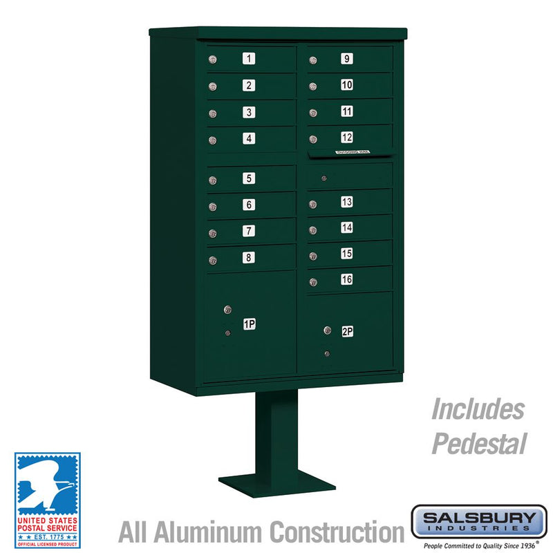 Salsbury Cluster Box Unit with 16 Doors and 2 Parcel Lockers in Green with USPS Access – Type III