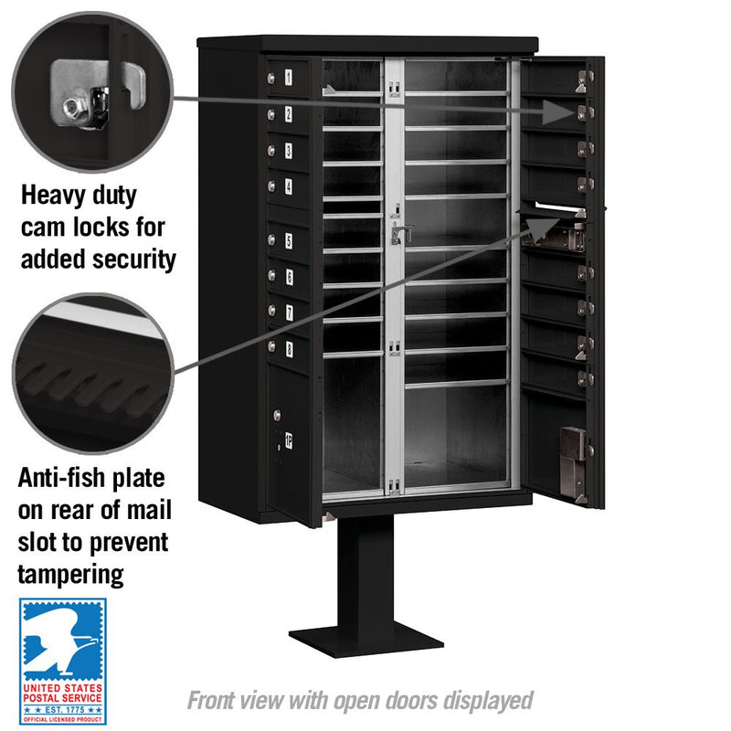 16 Door High Security USPS Cluster Mailbox CBU with 2 Parcel Lockers, Pedestal Included