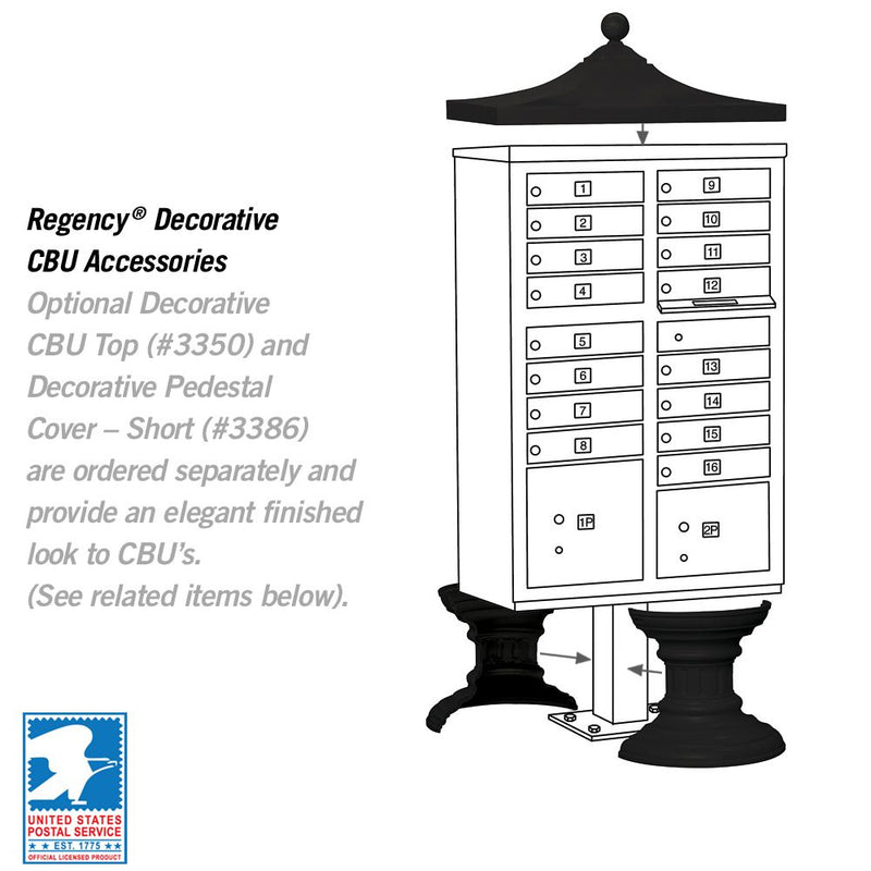 16 Door High Security USPS Cluster Mailbox CBU with 2 Parcel Lockers, Pedestal Included