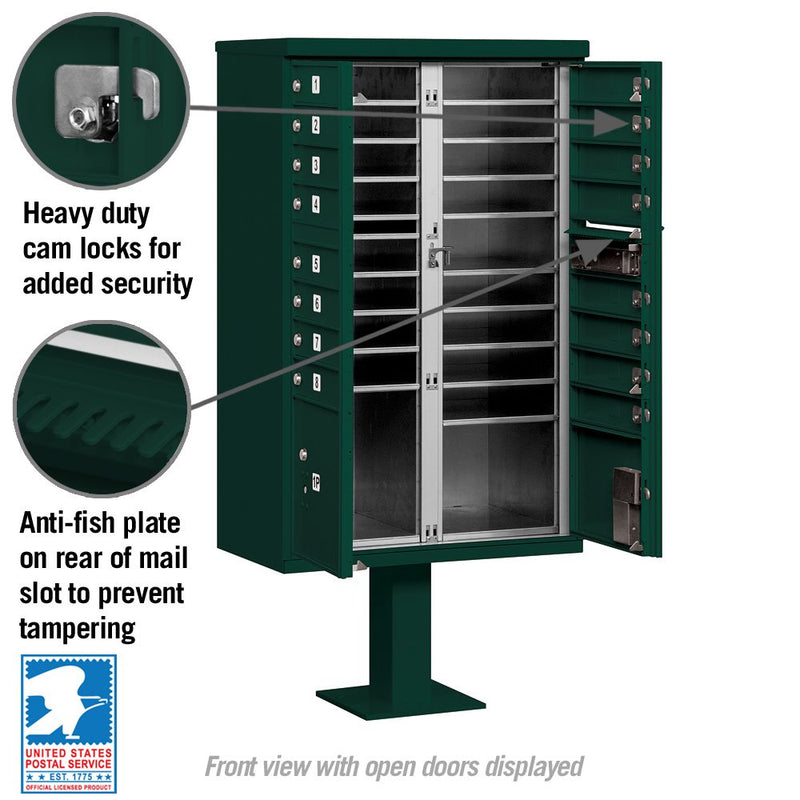 16 Door High Security USPS Cluster Mailbox CBU with 2 Parcel Lockers, Pedestal Included