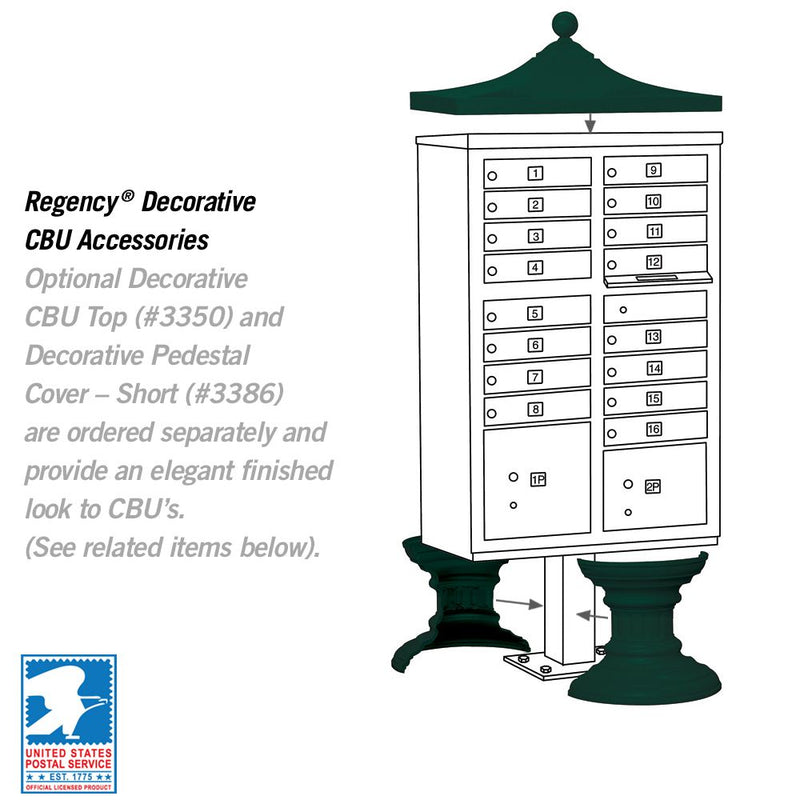 16 Door High Security USPS Cluster Mailbox CBU with 2 Parcel Lockers, Pedestal Included