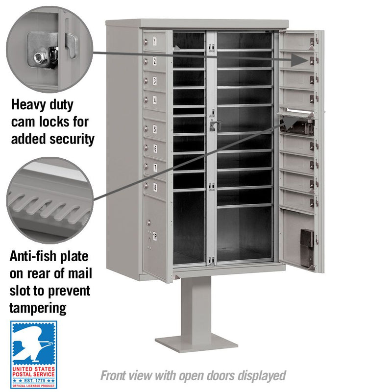 16 Door High Security USPS Cluster Mailbox CBU with 2 Parcel Lockers, Pedestal Included