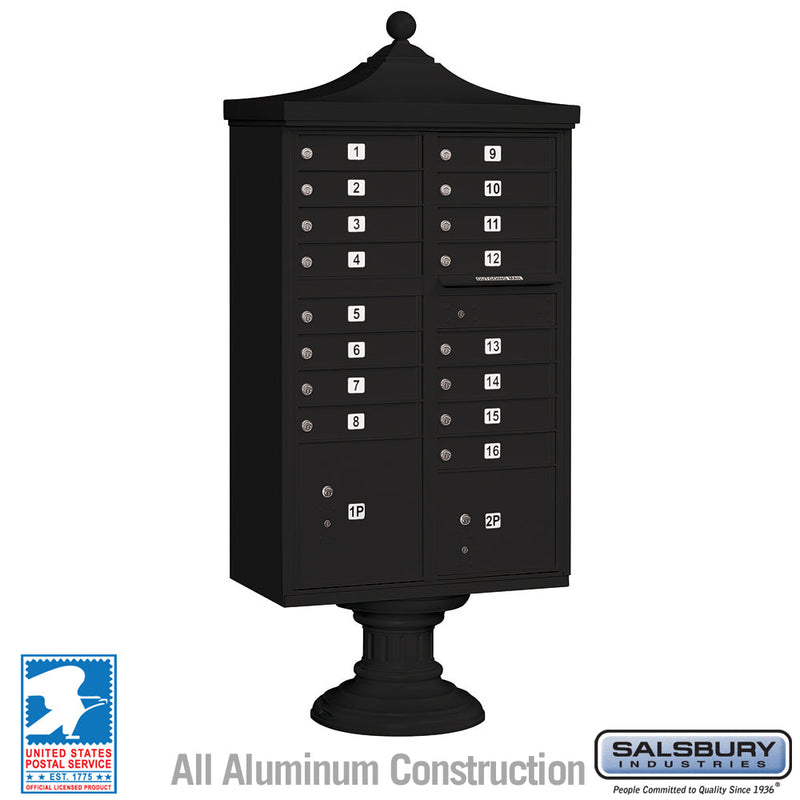 Salsbury Regency Decorative Cluster Box Unit with 16 Doors and 2 Parcel Lockers in Black with USPS Access – Type III