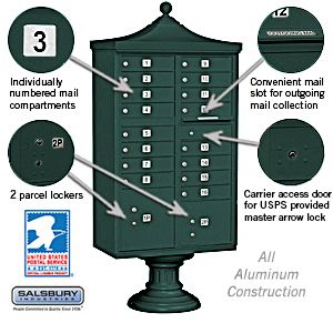 Salsbury Regency Decorative Cluster Box Unit with 16 Doors and 2 Parcel Lockers with USPS Access – Type III