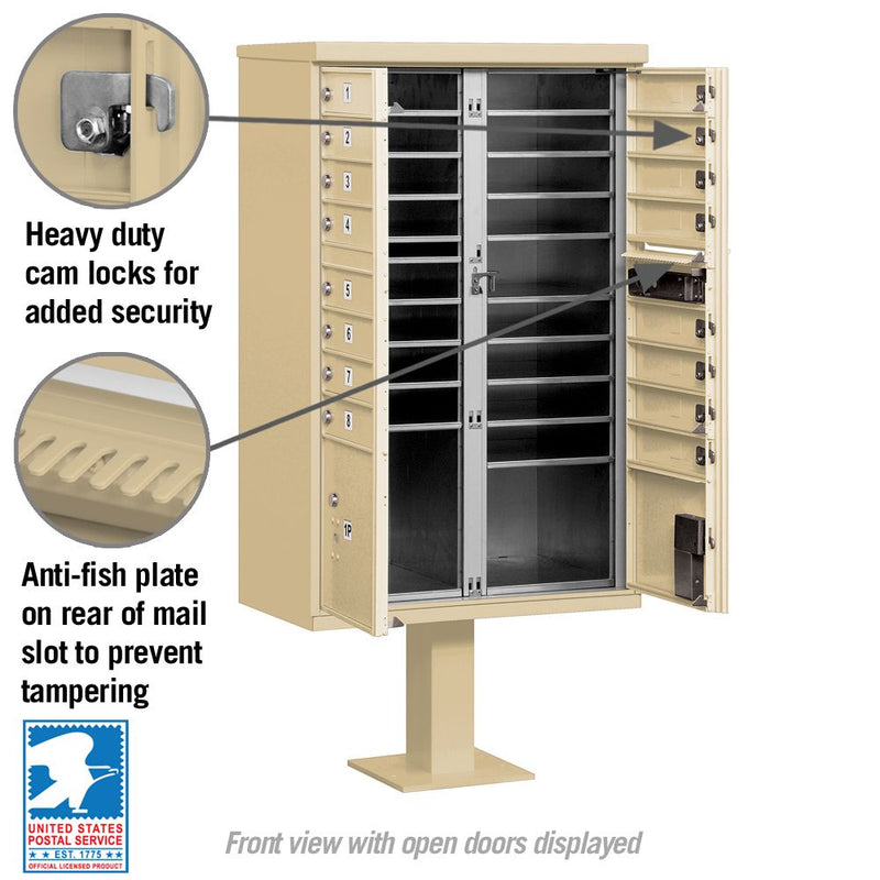 16 Door High Security USPS Cluster Mailbox CBU with 2 Parcel Lockers, Pedestal Included