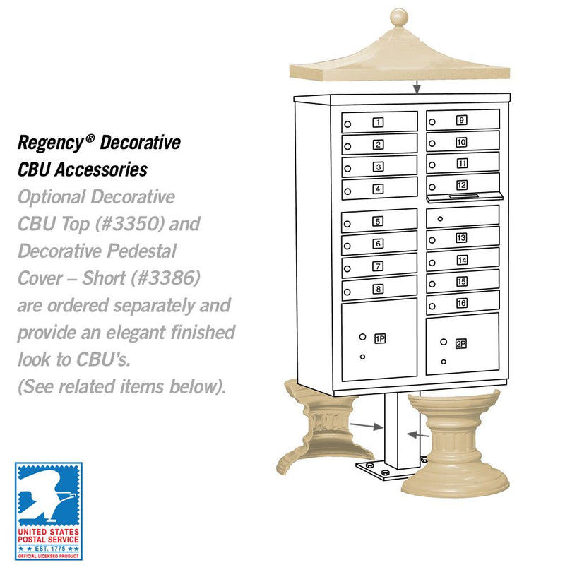 16 Door High Security USPS Cluster Mailbox CBU with 2 Parcel Lockers, Pedestal Included