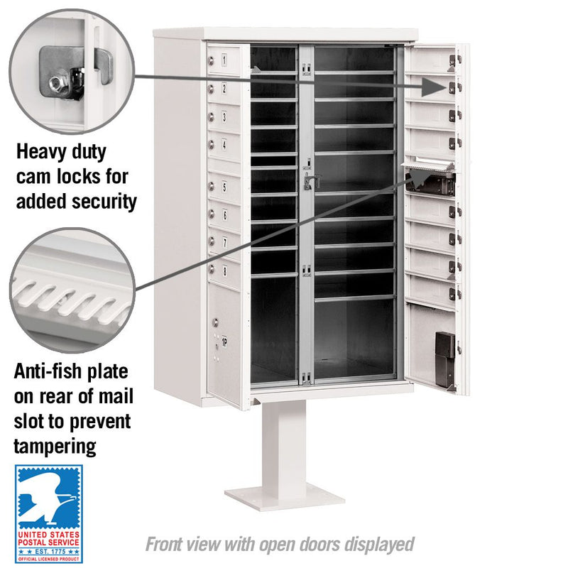 16 Door High Security USPS Cluster Mailbox CBU with 2 Parcel Lockers, Pedestal Included