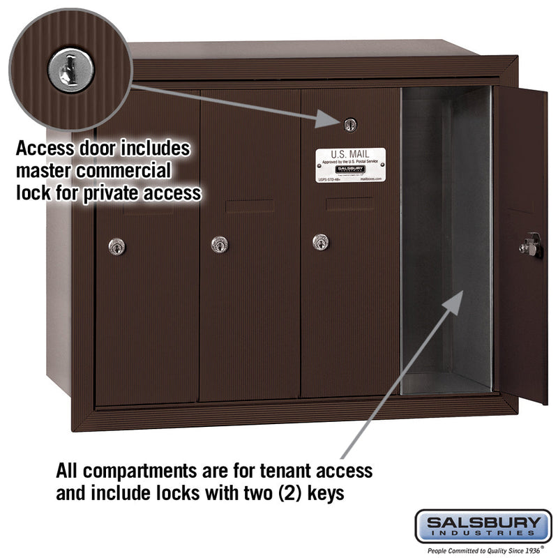 Salsbury Vertical Mailbox (Includes Master Commercial Lock) - 4 Doors - Recessed Mounted - Private Access