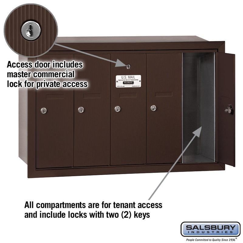 Salsbury Vertical Mailbox (Includes Master Commercial Lock) - 5 Doors - Recessed Mounted - Private Access