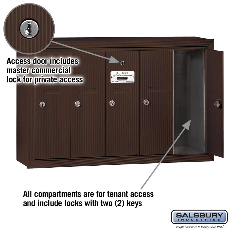 Salsbury Vertical Mailbox (Includes Master Commercial Lock) - 5 Doors - Surface Mounted - Private Access