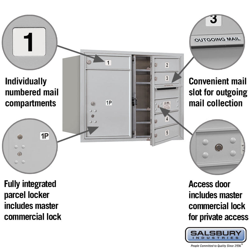 Salsbury 6 Door High Recessed Mounted 4C Horizontal Mailbox with 5 Doors and 1 Parcel Locker with Private Access - Front Loading