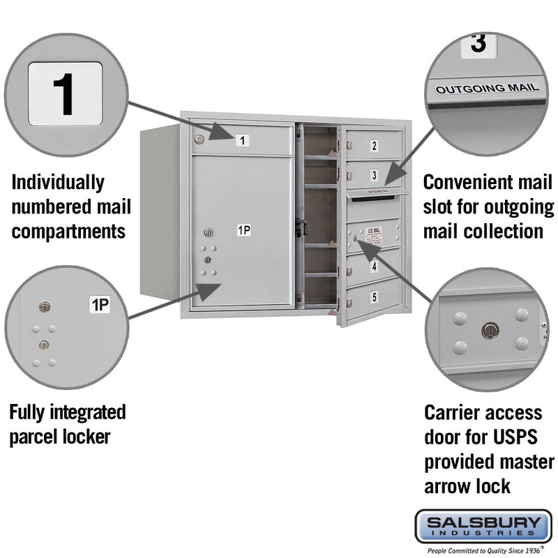 Salsbury 6 Door High Recessed Mounted 4C Horizontal Mailbox with 5 Doors and 1 Parcel Locker with USPS Access - Front Loading