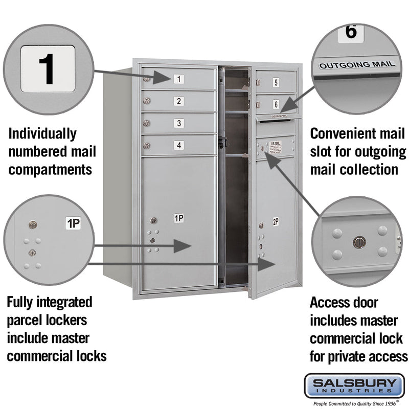 Salsbury 10 Door High Recessed Mounted 4C Horizontal Mailbox with 6 Doors and 2 Parcel Lockers with Private Access - Front Loading