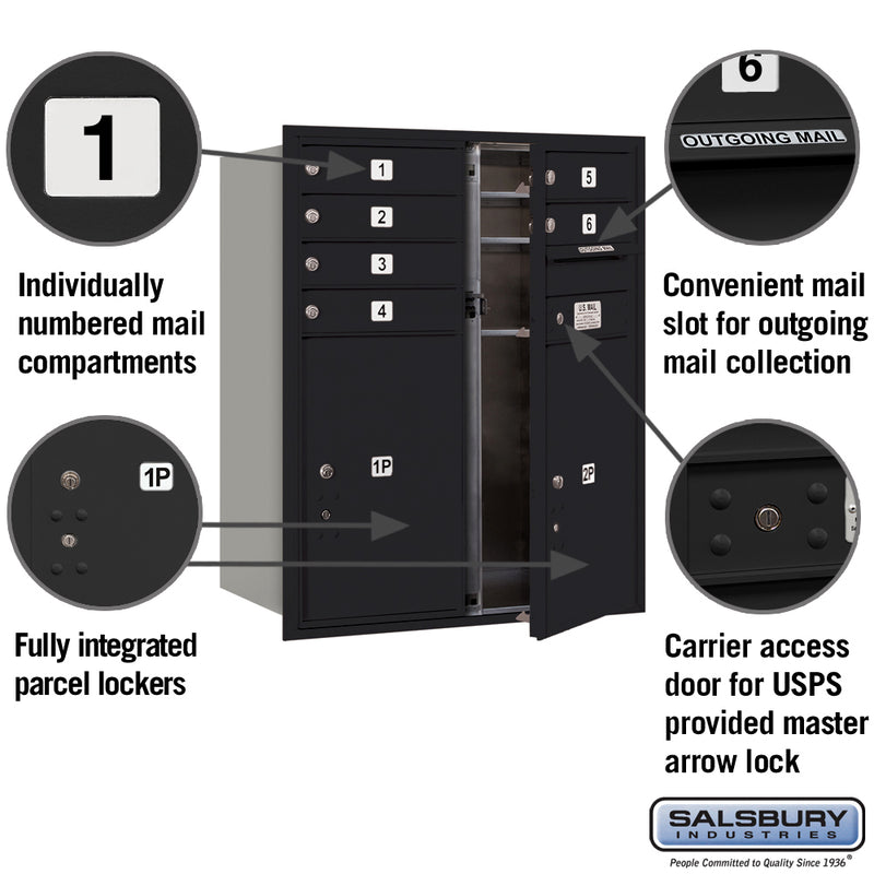 Salsbury 10 Door High Recessed Mounted 4C Horizontal Mailbox with 6 Doors and 2 Parcel Lockers USPS Access - Front Loading