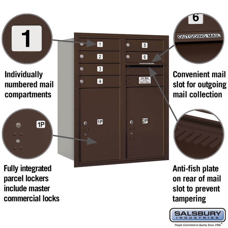 Salsbury 10 Door High Recessed Mounted 4C Horizontal Mailbox with 6 Doors and 2 Parcel Lockers with Private Access - Rear Loading