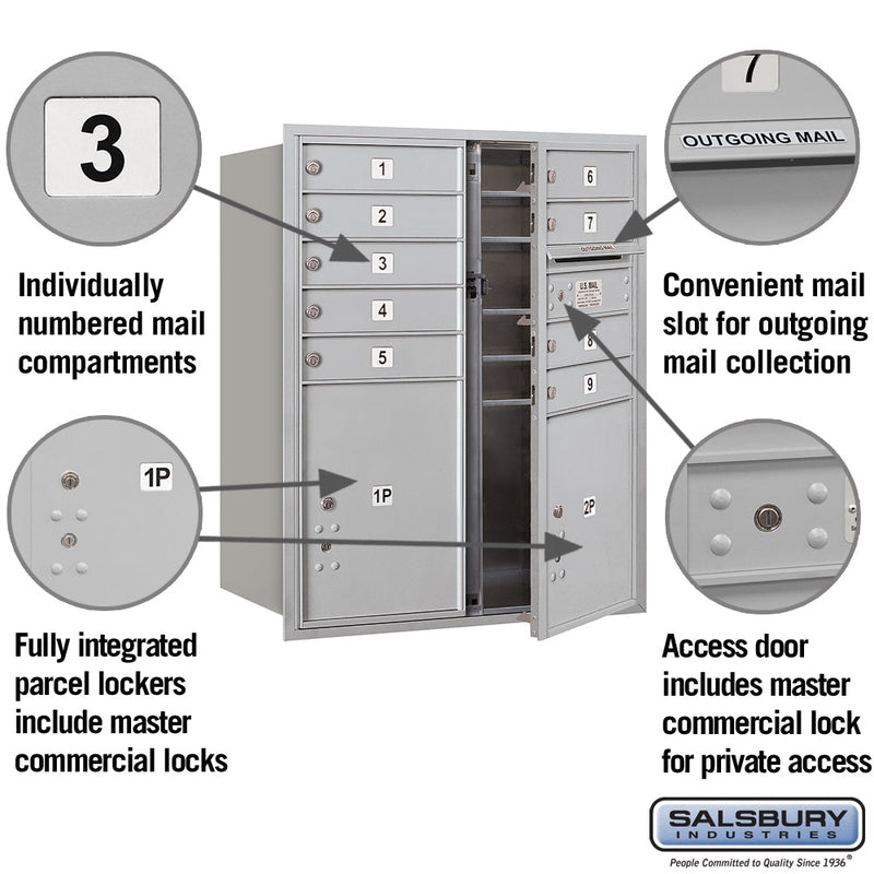 Salsbury 10 Door High Recessed Mounted 4C Horizontal Mailbox with 9 Doors and 2 Parcel Lockers with Private Access - Front Loading