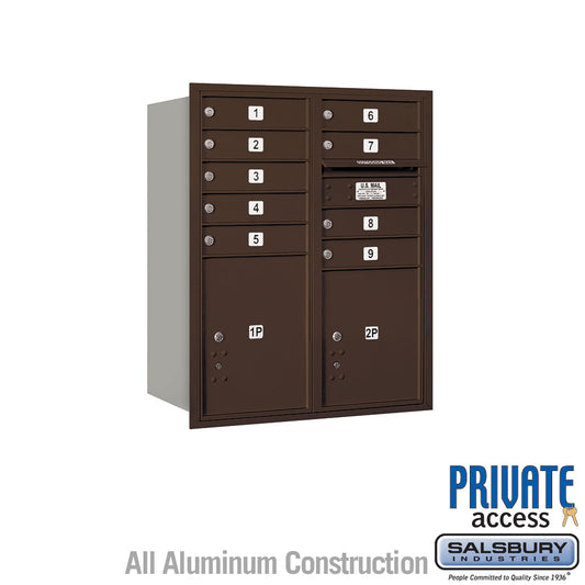 Salsbury 10 Door High Recessed Mounted 4C Horizontal Mailbox with 9 Doors and 2 Parcel Lockers with Private Access - Rear Loading