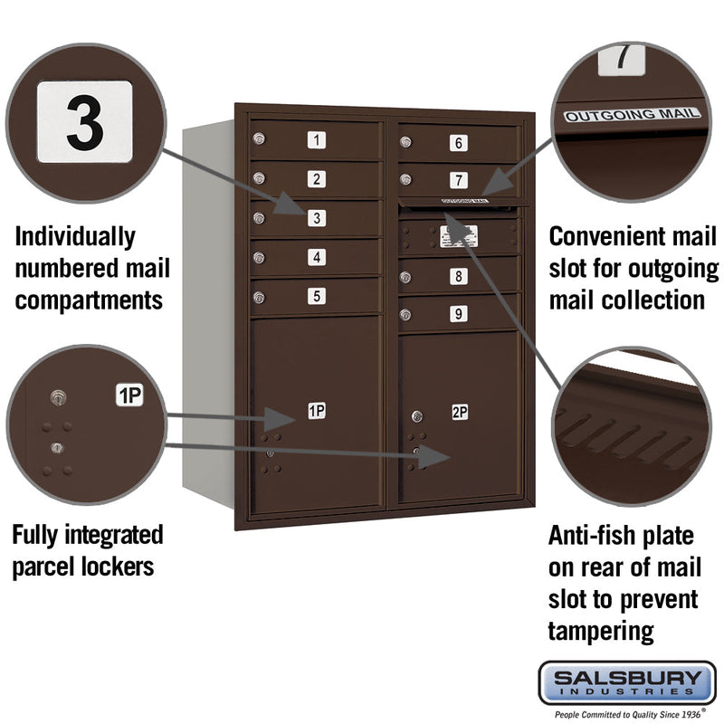 Salsbury 10 Door High Recessed Mounted 4C Horizontal Mailbox with 9 Doors and 2 Parcel Lockers with USPS Access - Rear Loading