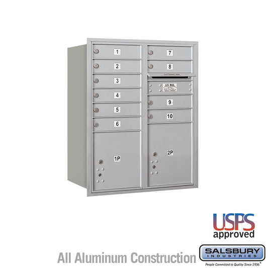 Salsbury 10 Door High Recessed Mounted 4C Horizontal Mailbox with 10 Doors and 2 Parcel Lockers with USPS Access - Rear Loading