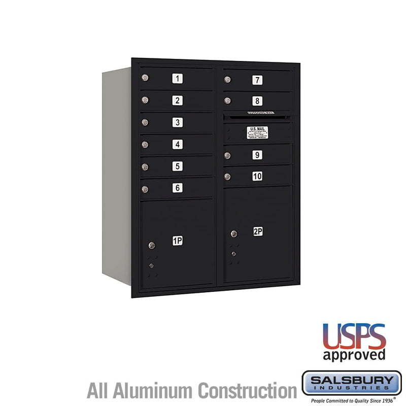 Salsbury 10 Door High Recessed Mounted 4C Horizontal Mailbox with 10 Doors and 2 Parcel Lockers with USPS Access - Rear Loading