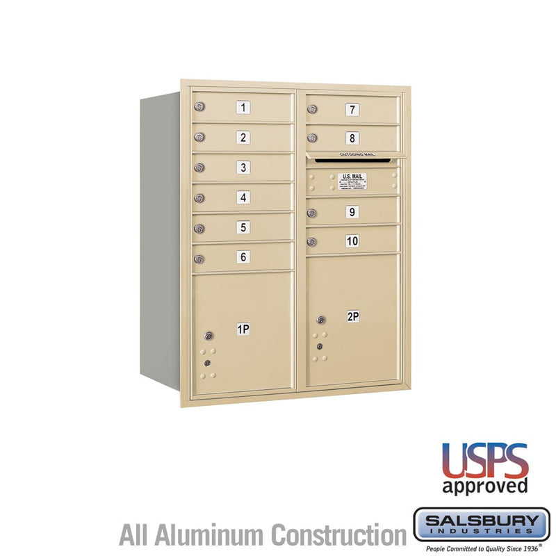 Salsbury 10 Door High Recessed Mounted 4C Horizontal Mailbox with 10 Doors and 2 Parcel Lockers with USPS Access - Rear Loading
