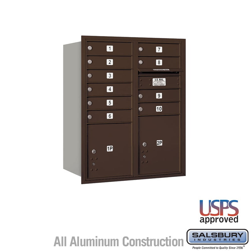 Salsbury 10 Door High Recessed Mounted 4C Horizontal Mailbox with 10 Doors and 2 Parcel Lockers with USPS Access - Rear Loading