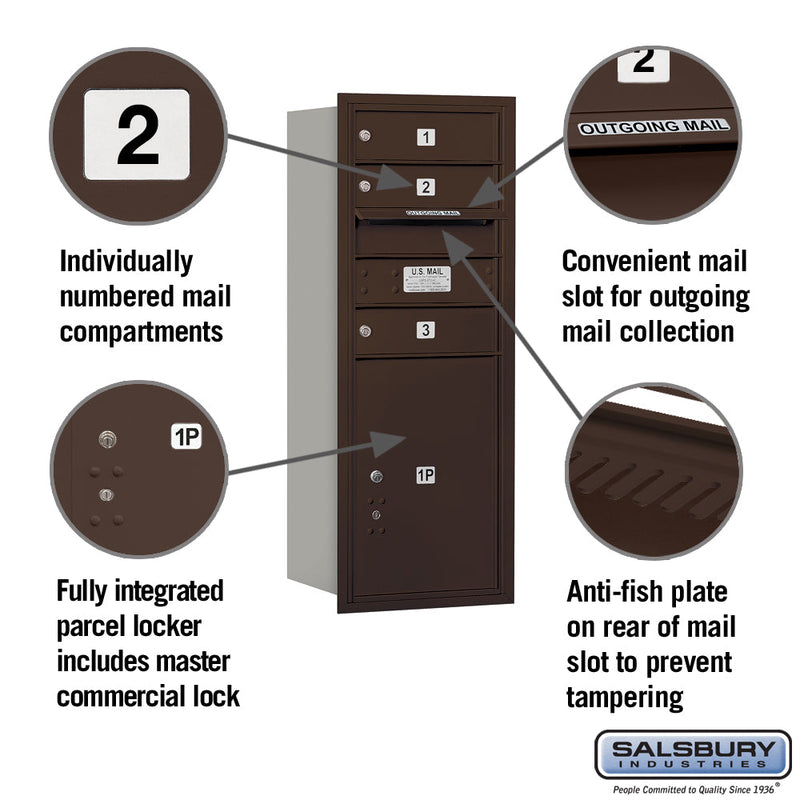 Salsbury 10 Door High Recessed Mounted 4C Horizontal Mailbox with 3 Doors and 1 Parcel Locker with Private Access - Rear Loading
