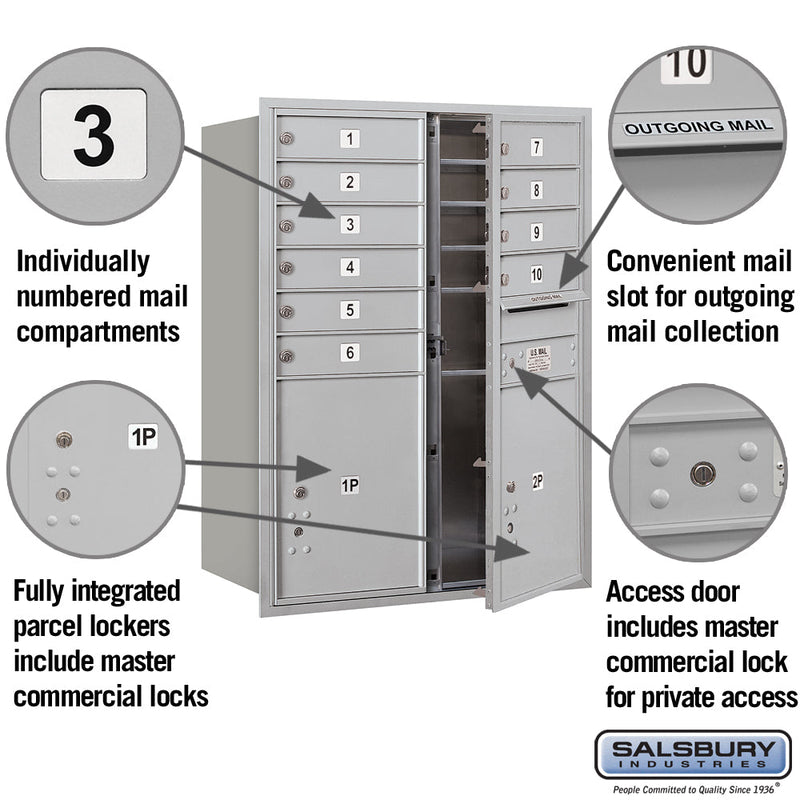 Salsbury 11 Door High Recessed Mounted 4C Horizontal Mailbox with 10 Doors and 2 Parcel Lockers with Private Access - Front Loading