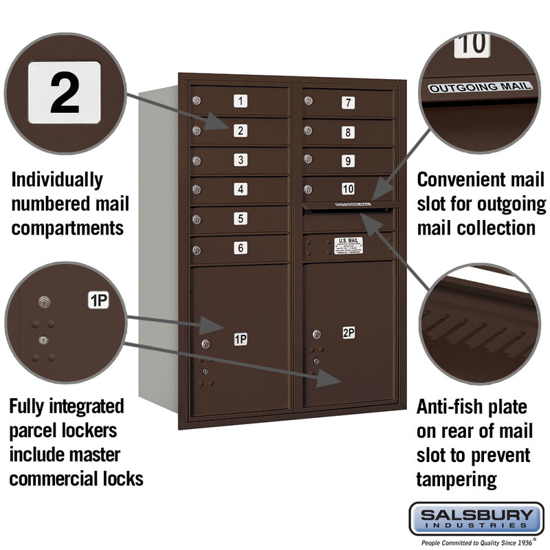 Salsbury 11 Door High Recessed Mounted 4C Horizontal Mailbox with 10 Doors and 2 Parcel Lockers with Private Access - Rear Loading