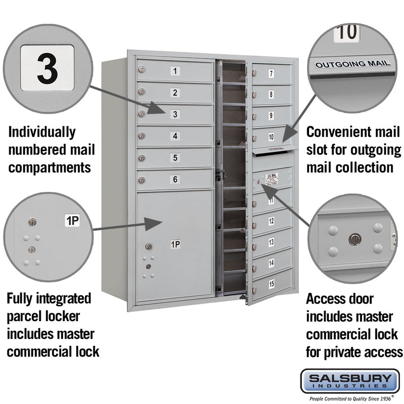 Salsbury 11 Door High Recessed Mounted 4C Horizontal Mailbox with 15 Doors and 1 Parcel Locker with Private Access - Front Loading