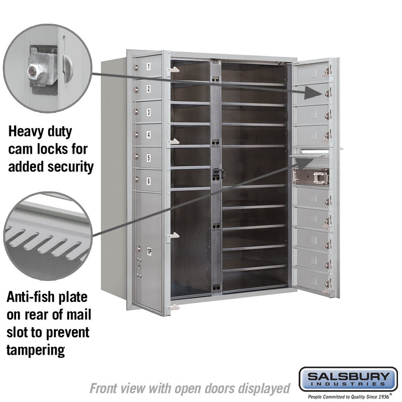Salsbury 11 Door High Recessed Mounted 4C Horizontal Mailbox with 15 Doors and 1 Parcel Locker with Private Access - Front Loading