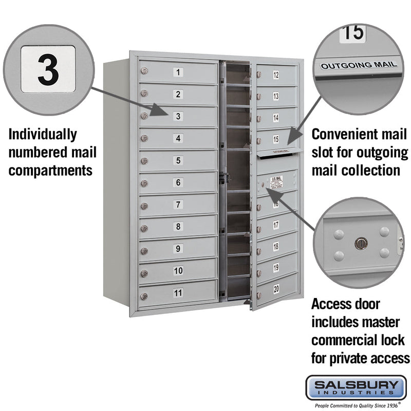 Salsbury 11 Door High Recessed Mounted 4C Horizontal Mailbox with 20 Doors with Private Access - Front Loading