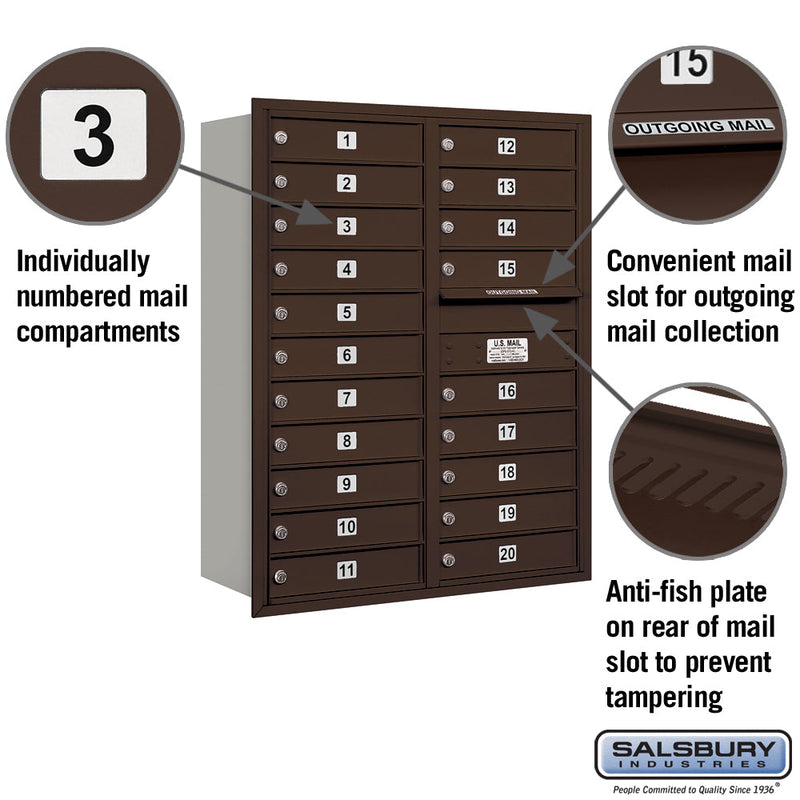 Salsbury 11 Door High Recessed Mounted 4C Horizontal Mailbox with 20 Doors with Private Access - Rear Loading