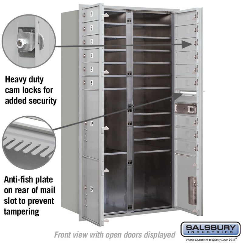 Salsbury Maximum Height Recessed Mounted 4C Horizontal Mailbox with 15 Doors and 3 Parcel Lockers with USPS Access - Front Loading