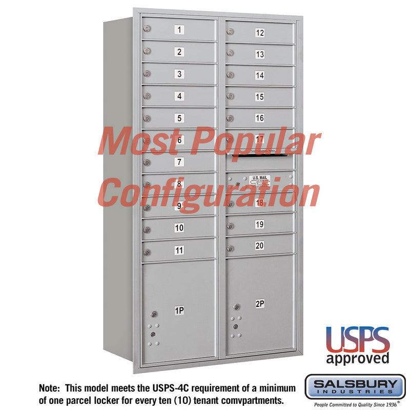 Salsbury Maximum Height Recessed Mounted 4C Horizontal Mailbox with 20 Doors and 2 Parcel Lockers with USPS Access - Front Loading