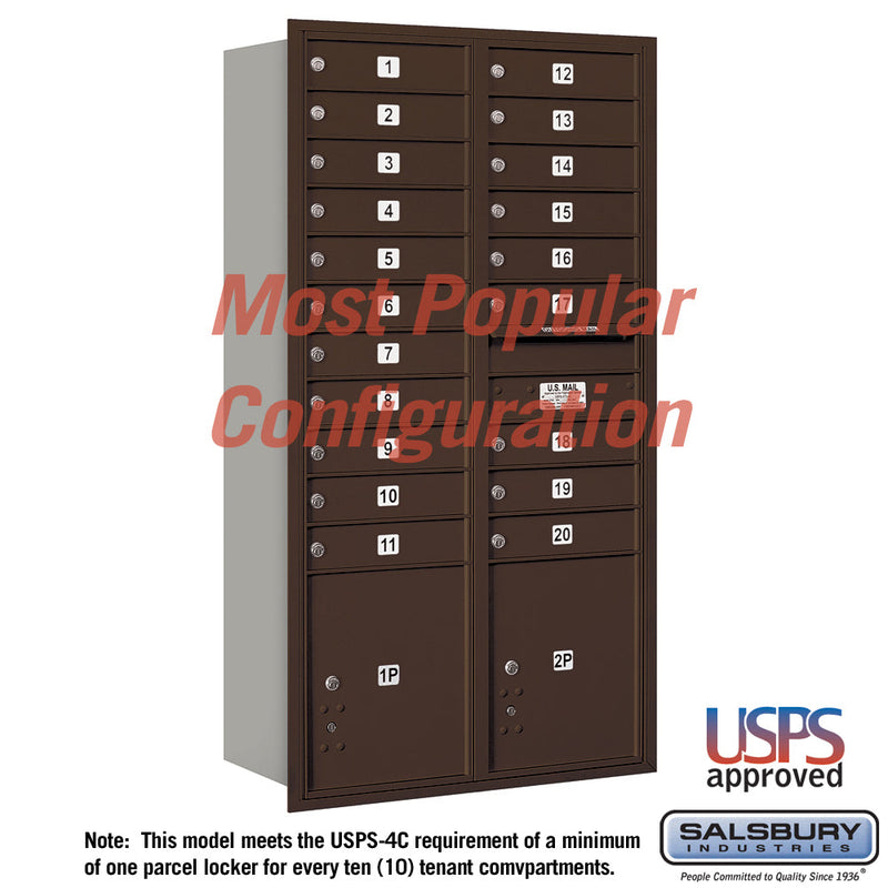 Salsbury Maximum Height Recessed Mounted 4C Horizontal Mailbox with 20 Doors and 2 Parcel Lockers with USPS Access - Rear Loading