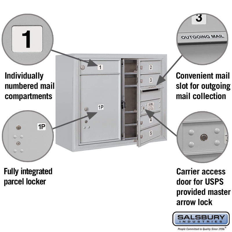 Salsbury 6 Door High Surface Mounted 4C Horizontal Mailbox with 5 Doors and 1 Parcel Locker with USPS Access